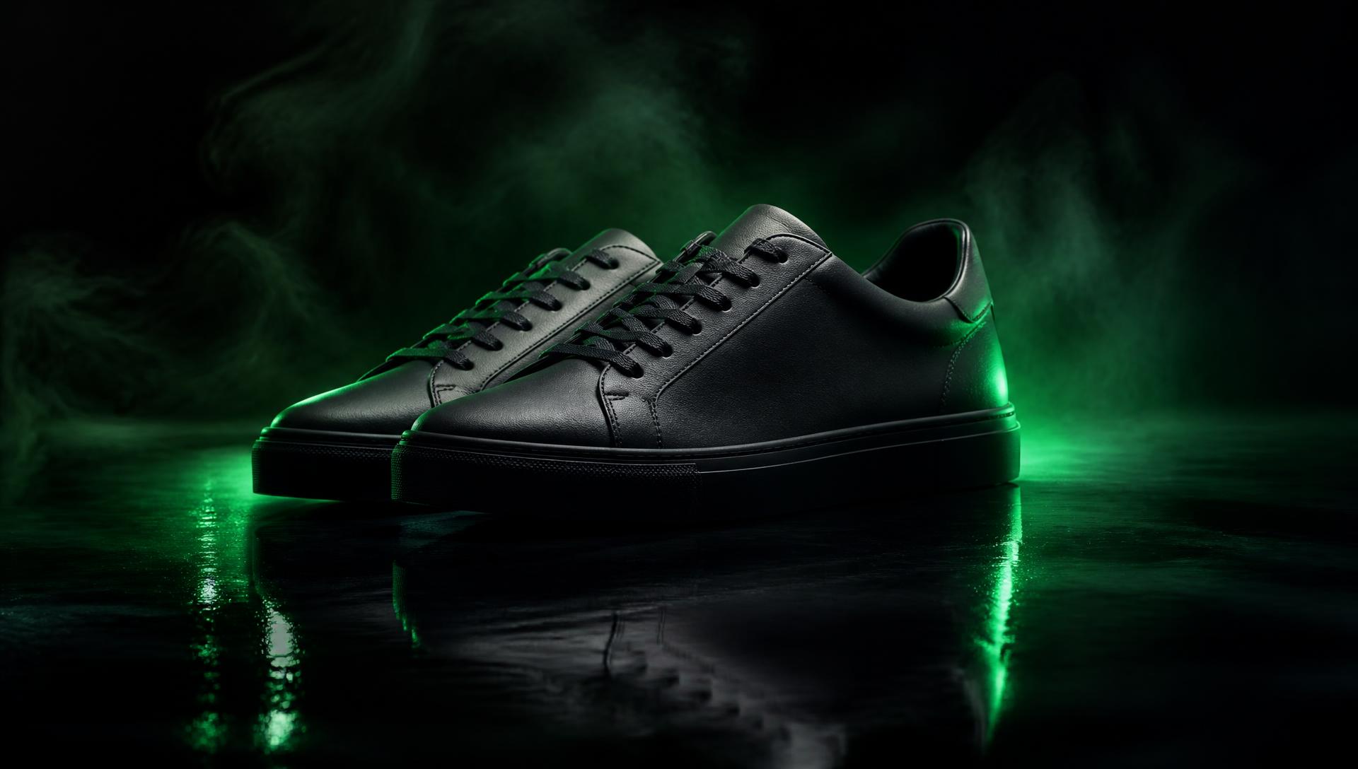 Premium black sneakers glowing under green light on a reflective floor