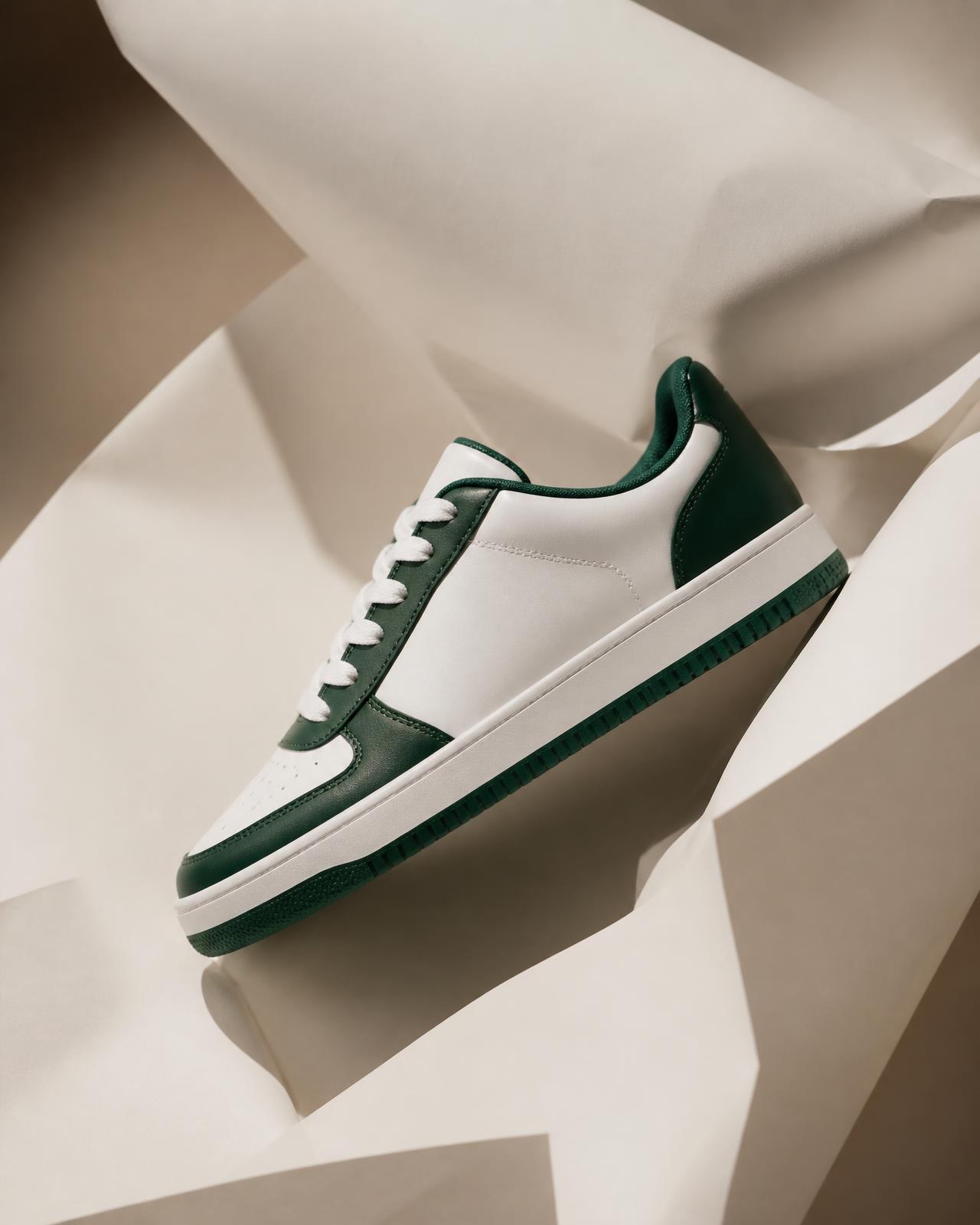 White and green premium sneaker on sculpted paper backdrop