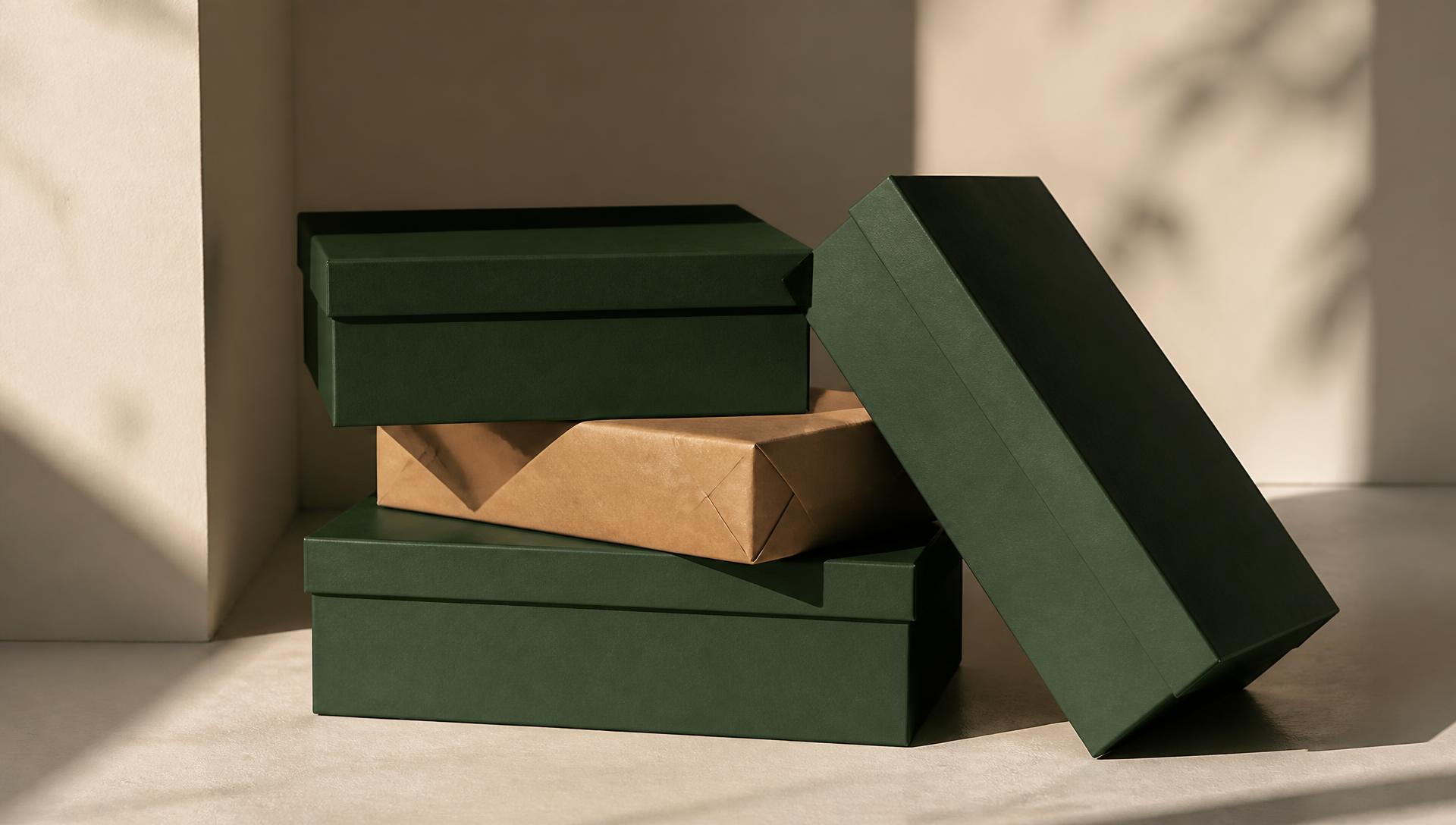 Dark green Jadan shoe boxes and a kraft parcel in soft daylight